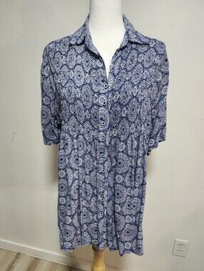 Blue Sky Blue and White Button-Front Printed Blouse